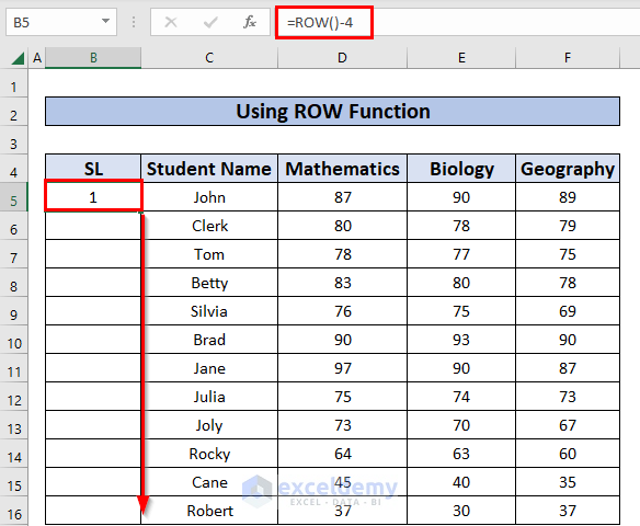 Using Row Function to Number Rows Automatically in Excel
