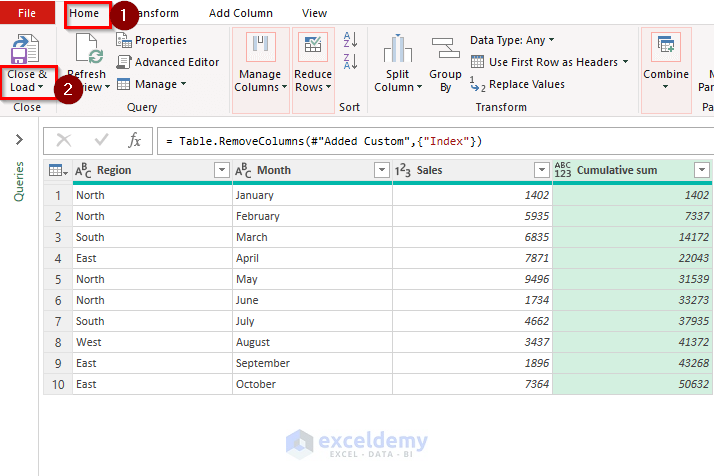 Selecting Close & Load to option in Power Query