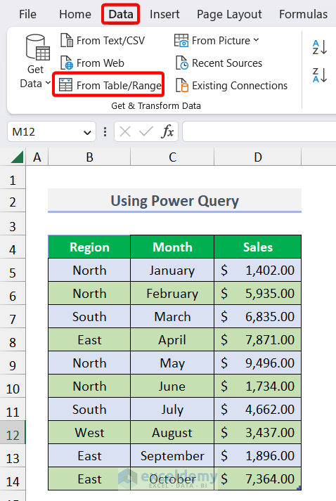 Choosing From Table/Range option from data tab