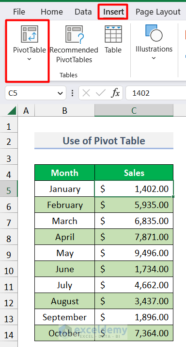 Selecting pivot table from Insert tab