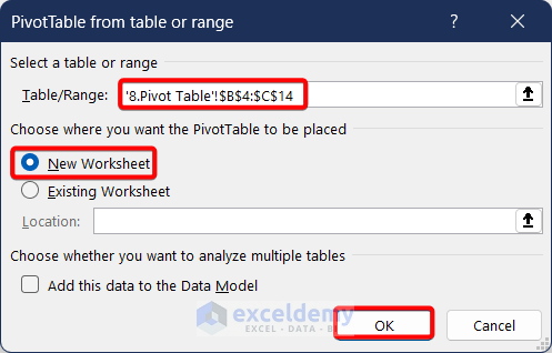 PivotTable from table or range dialogue box
