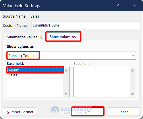 Choosing Base Filed in Show Value As Tab in Value Field Settings window