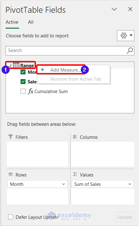 Choosing Add measure option from PivotTable Fileds
