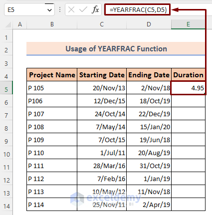 applying the YEARFRAC Function for calculating years Between Two Dates in Excel