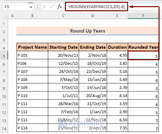 applying Round function to round Up the Calculated Years