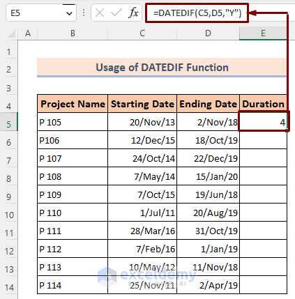 applying the DATEDIF Function for finding duration in years