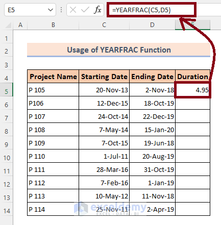 Calculate Years Between Two Dates in Excel Using the YEARFRAC Function