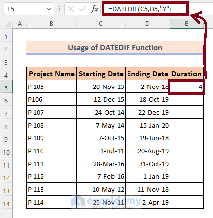 Count Years Between Two Date Using the DATEDIF Function in Excel
