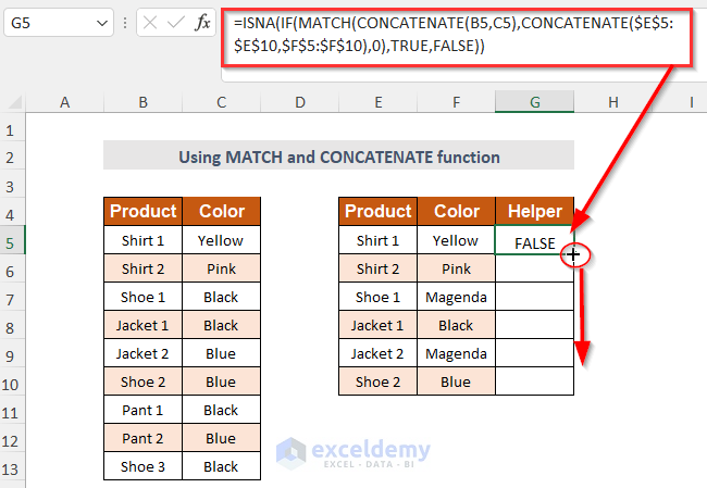 using MATCH and CONCATENATE function