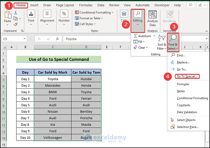  use go to special command to compare two columns in excel for match