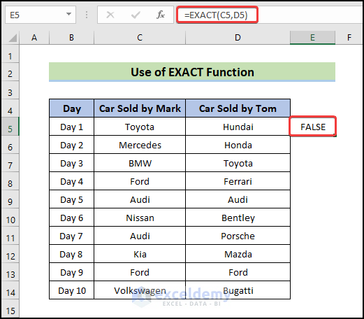  use Exact Function to compare two columns in excel for match