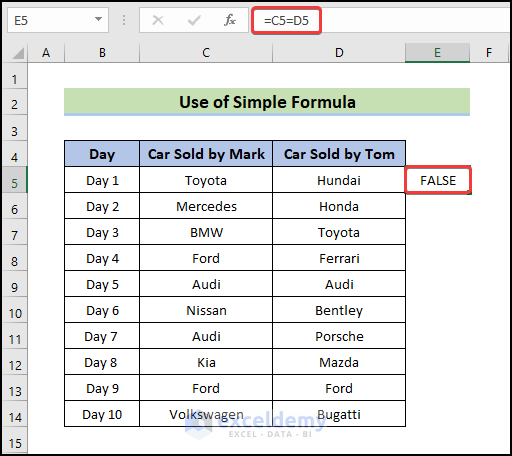 use simple formula to compare two columns in excel for match