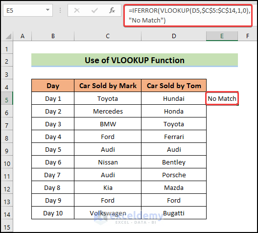 use VLOOKUP function to compare two columns in excel for match
