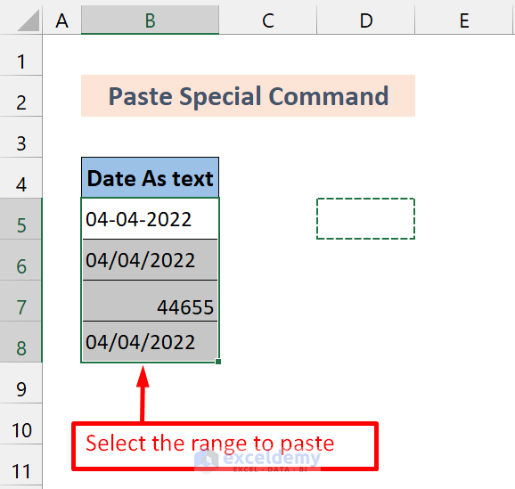 select the range of cells to paste