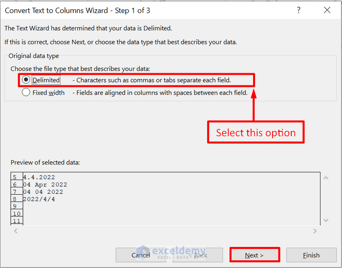 select delimited option