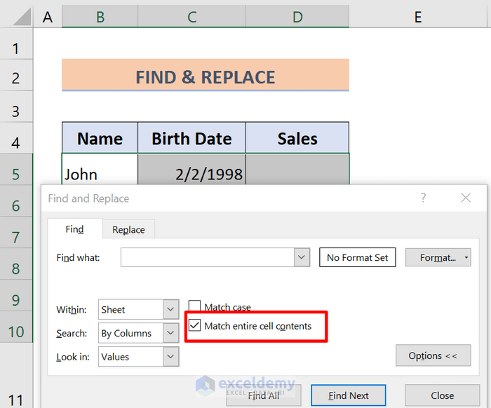 FInd and replace dialog box tick mark