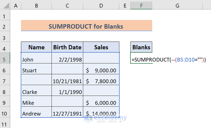 sumproduct formula to count empty cells