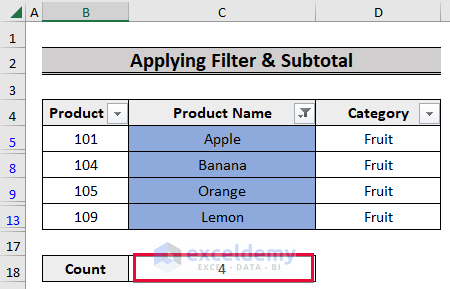 Applying Filter to Count Colored Cells in Excel