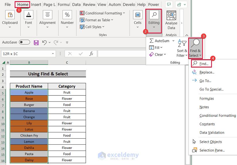 Selecting Find Command to Count Colored Cells in Excel