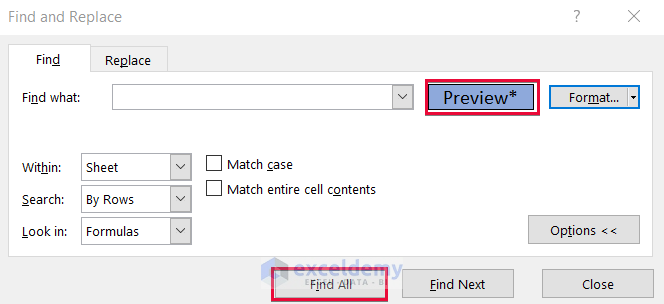 Clicking on Find All Option Find the Previewed Cells