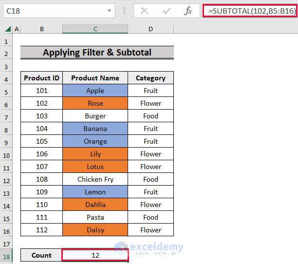 Applying SUBTOTAL Function to Count Colored Cells in Excel