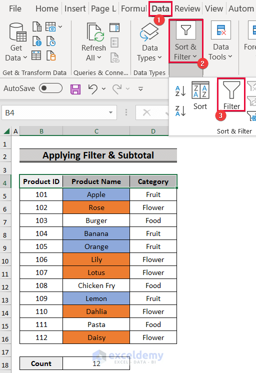 Implementing Filter Command to Count Colored Cells in Excel