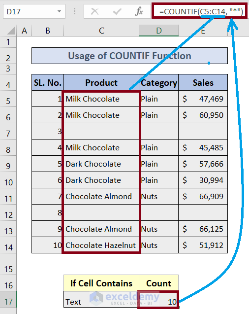 count if cell contains any text using countif function in excel