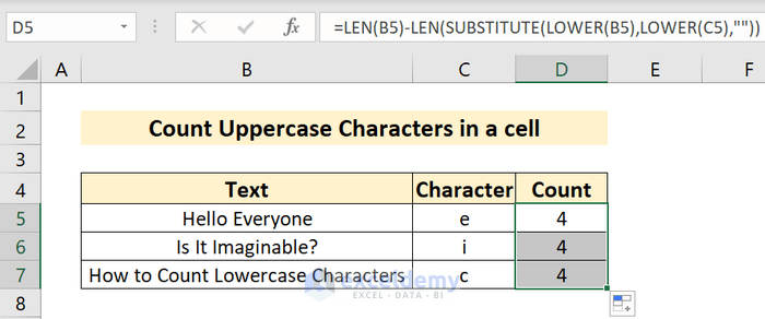 Count Specific Characters' Number in a Cell in Excel: Case-Insensitive Approach