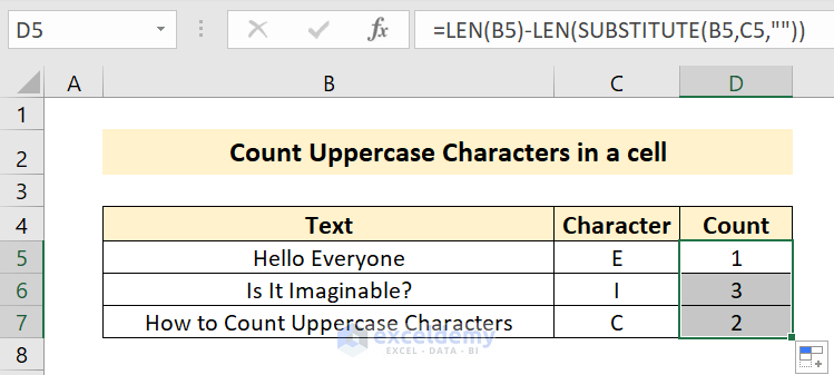 Count Specific Characters' Number in a Cell in Excel: Case-Sensitive Approach