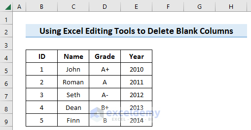 Using Excel Editing Tools to delete blank columns in Excel