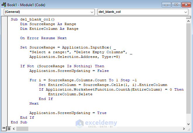 Applying VBA Code to Delete Blank Columns in Excel