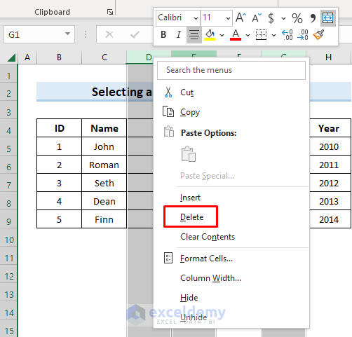Selecting and Deleting Blank Columns in Excel