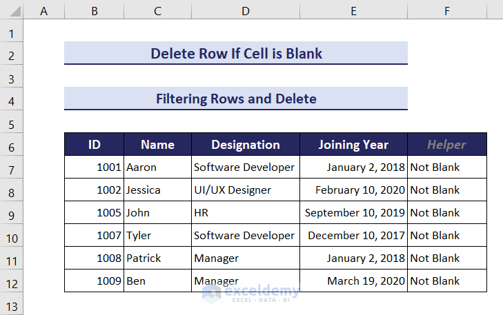 Final output of filtering rows and delete
