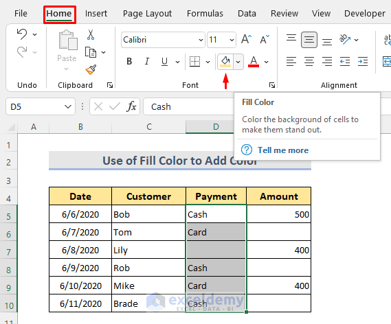 Use of Fill Color to Add Color in Excel Cell