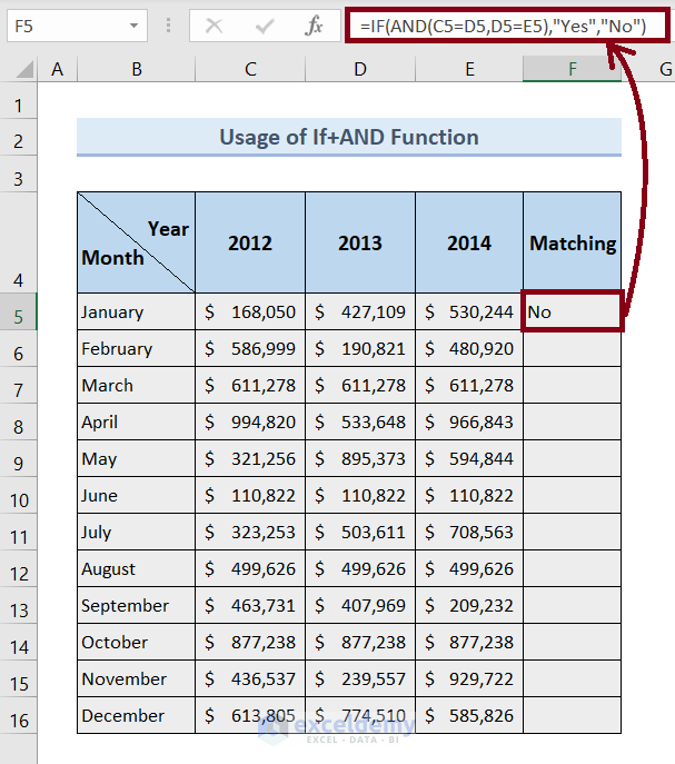 compare 3 columns in excel for matches using If with AND function