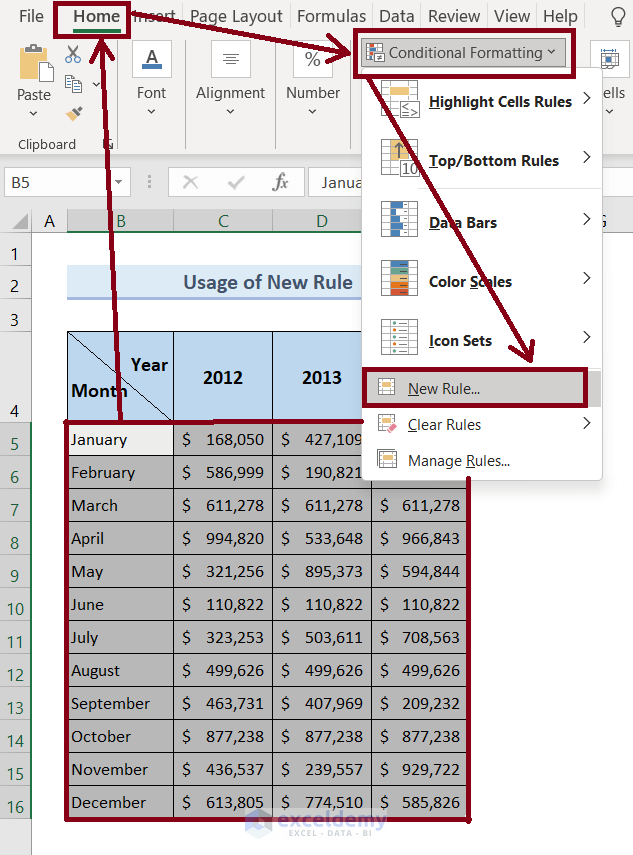 Highlight the Matching Data by Juxtaposing 3 Columns in Excel by Setting Up New Rule