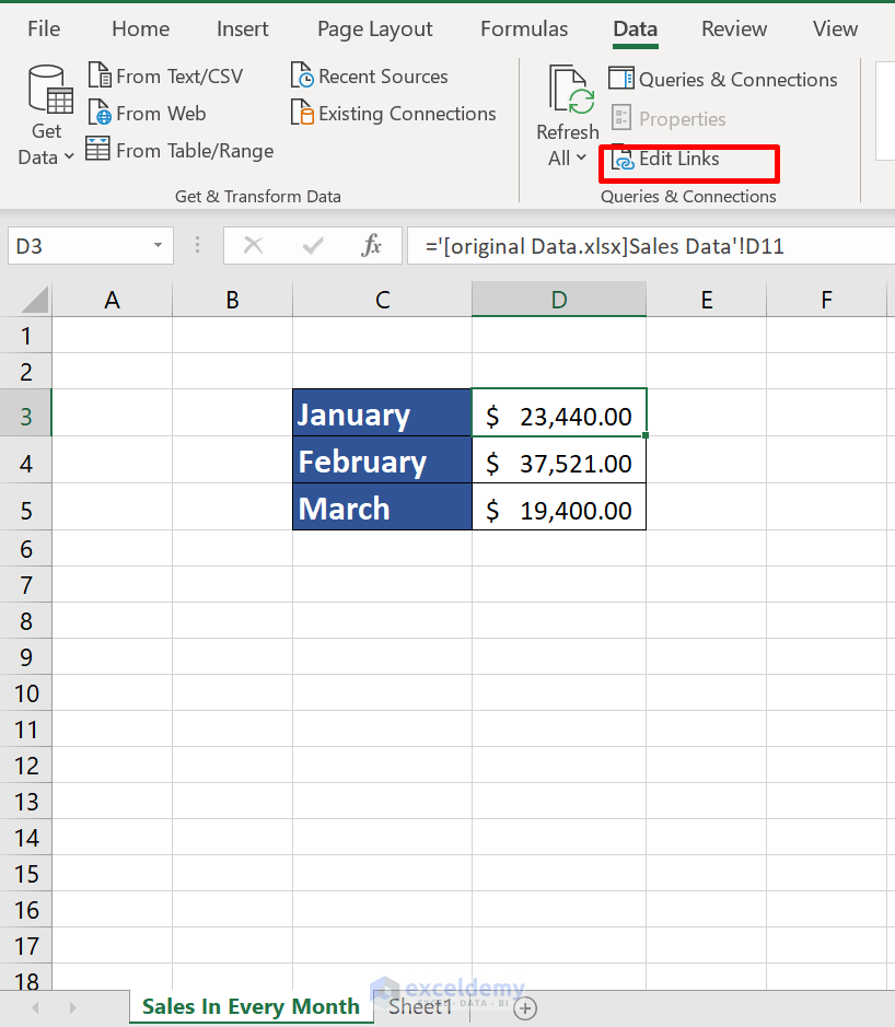 Edit links option from Data Tab to excel copy worksheet to another workbook without reference in excel