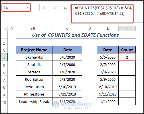 Using COUNTIFS and EDATE Function to count months in a column in Excel