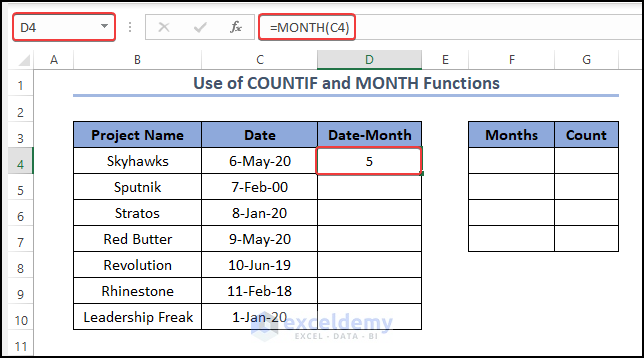 Months in between Date Records in a Column in Excel using MONTH Function