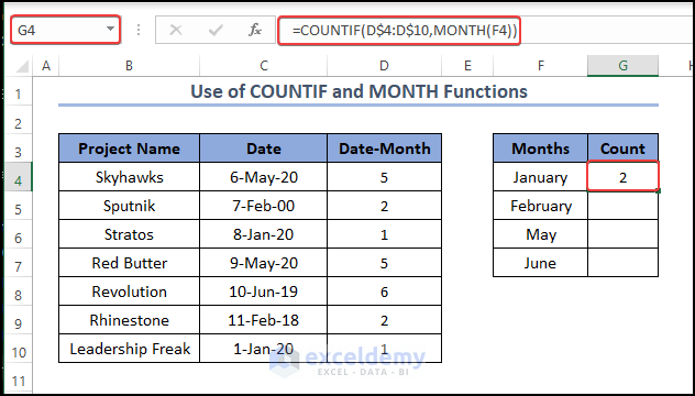 Conunt the month amount in between dates using the COUNTIF AND MONTH Function in cell G4