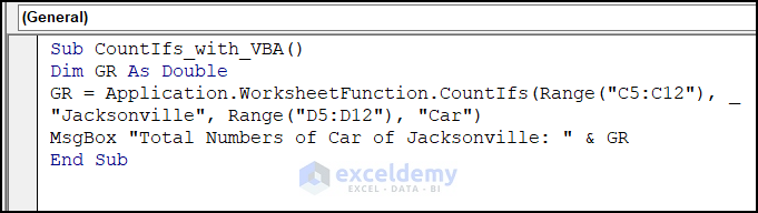 VBA code to use CountIfs function