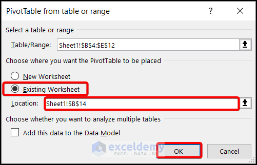 PivotTable from table or range window