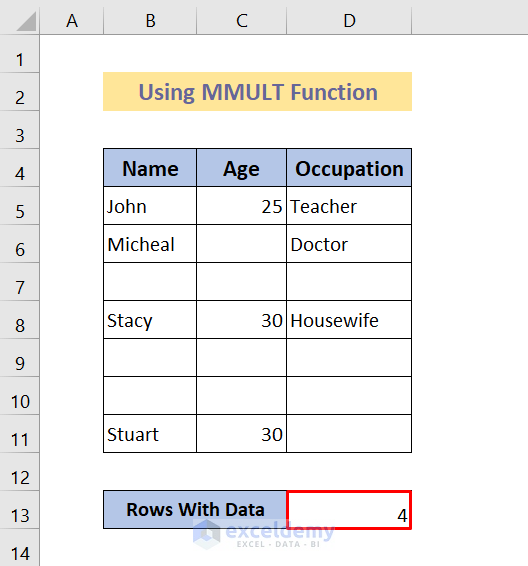 count rows with data in excel
