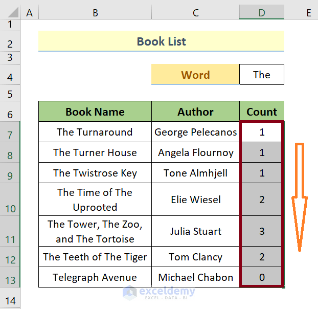 count specific words in column fill handle