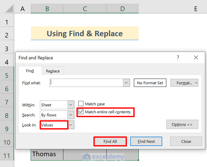 Find and Replace Dialog Box to Delete Blank Rows