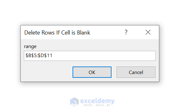 Select Range of Cells to Delete Row if Cell is Blank in Excel