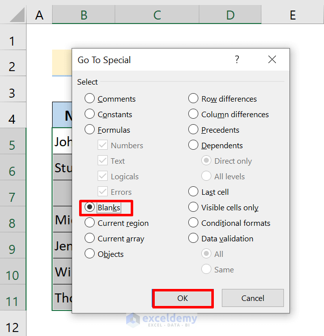 select blanks to delete row in excel