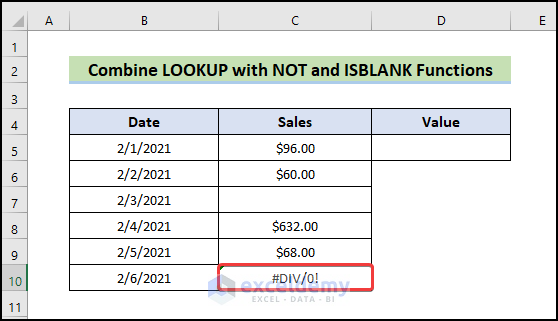 combine LOOKUP, NOT anfd ISBLANK to Find Last Cell with Value in Column in Excel