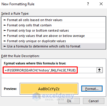 Case In-sensitive Excel Formula to Color a Cell If the Value contains a specific text
