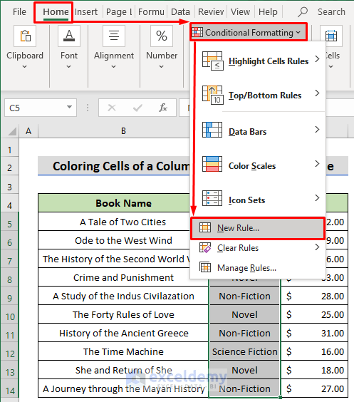 Selecting Conditional Formatting from the Ribbon